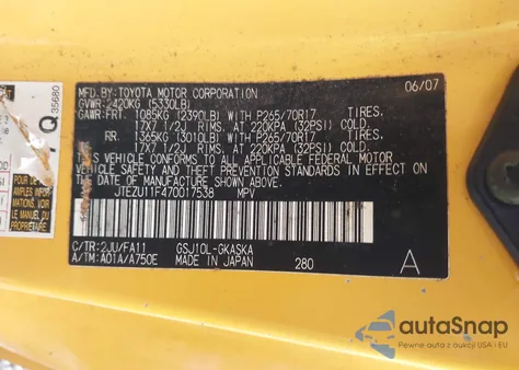 2007 Toyota Fj Cruiser из США, поврежденный, VIN JTEZU11F470017538